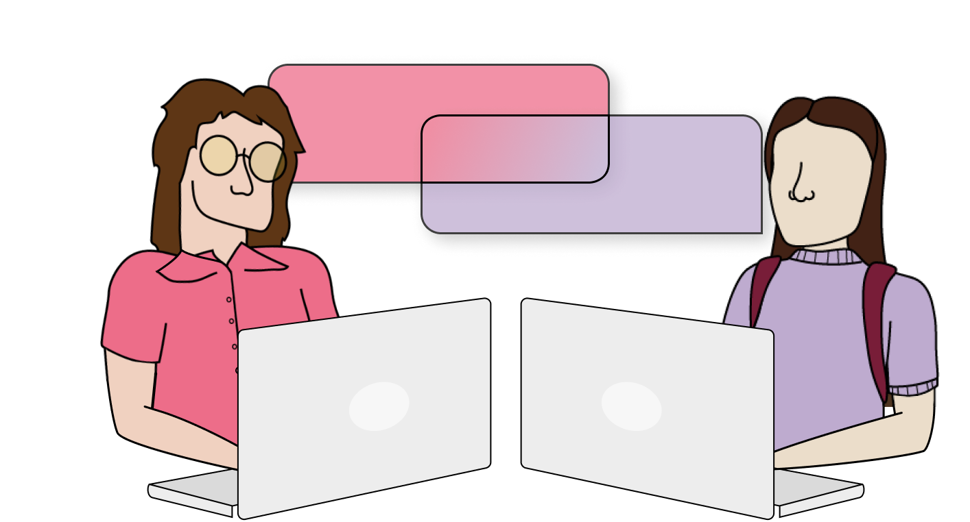 Cartoon of two students participating in an Allelo discussion on their laptops